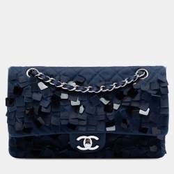 مملوكة مسبقًا Chanel Blue Medium Classic Satin Paillette Embellished Double Flap