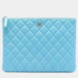 Pre Owned Chanel Blue Medium Quilted Lambskin O Case Clutch