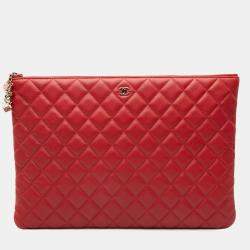 Pre Owned Chanel Red Large Quilted Lambskin Casino Charms O Case Clutch