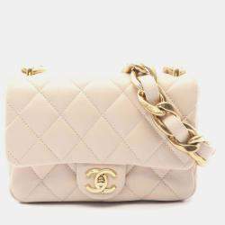 Pre Owned Chanel Matelasse Small Flap Bag Shoulder In Lambskin Leather Beige