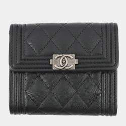 Pre Owned Chanel Boy Chanel Tri-Fold Wallet Black Caviar Leather