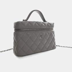 Pre Owned Chanel Mini Grey Caviar Slim Vanity Top Handle With Chain
