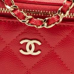 Pre Owned Chanel Vanity Case Mini Red Caviar Quilted Leather Chain Bag