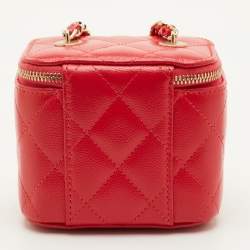 Pre Owned Chanel Vanity Case Mini Red Caviar Quilted Leather Chain Bag