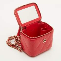Pre Owned Chanel Vanity Case Mini Red Caviar Quilted Leather Chain Bag