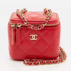 Pre Owned Chanel Vanity Case Mini Red Caviar Quilted Leather Chain Bag
