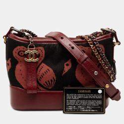 Pre Owned Chanel Black Red Small Knit and Calfskin Owl Print Gabrielle Hobo