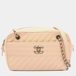 Pre Owned Chanel Bias Stitch Medium Beige Grained Calfskin Leather Shoulder Bag