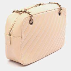 Pre Owned Chanel Bias Stitch Medium Beige Grained Calfskin Leather Shoulder Bag