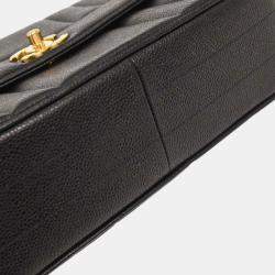 Pre Owned Chanel Vintage Vertical Quilted Mademoiselle Kelly Medium Black Caviar Skin Leather Top Handle Bag