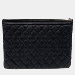 Pre Owned Chanel Black Leather Caviar Boy Clutch New Medium