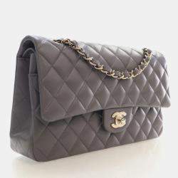 Pre Owned Chanel Classic Medium Grey Lambskin Leather Shoulder Bag