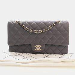 Pre Owned Chanel Classic Medium Grey Lambskin Leather Shoulder Bag