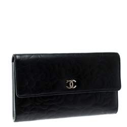 Chanel Black Camellia Embossed Leather Flap Wallet