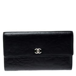 Chanel Black Camellia Embossed Leather Flap Wallet