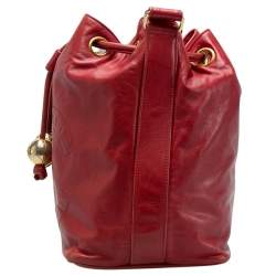 Pre Owned Chanel Red Leather Vintage CC Drawstring Bucket Bag