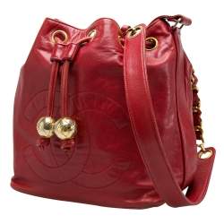 Pre Owned Chanel Red Leather Vintage CC Drawstring Bucket Bag