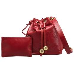 Pre Owned Chanel Red Leather Vintage CC Drawstring Bucket Bag
