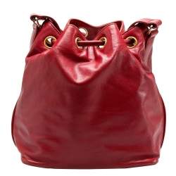 Pre Owned Chanel Red Leather Vintage CC Drawstring Bucket Bag