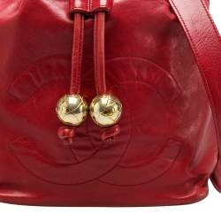 Pre Owned Chanel Red Leather Vintage CC Drawstring Bucket Bag