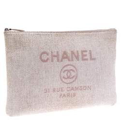 Pre Owned Chanel Pale Pink Raffia Large Deauville Clutch
