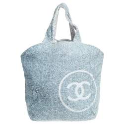 Pre Owned حقيبة يد شانيل بيتش تويد بيضاء/ زرقاء