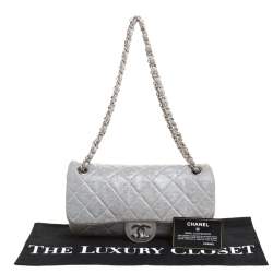 Pre Owned Chanel Metallic Grey Quilted Jersey Medium Flap Bag