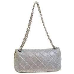 Pre Owned Chanel Metallic Grey Quilted Jersey Medium Flap Bag