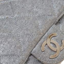 Pre Owned Chanel Metallic Grey Quilted Jersey Medium Flap Bag