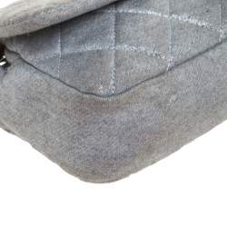 Pre Owned Chanel Metallic Grey Quilted Jersey Medium Flap Bag