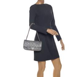 Pre Owned Chanel Metallic Grey Quilted Jersey Medium Flap Bag