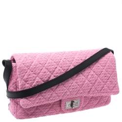 Pre Owned Chanel Pink/Black Quilted Tweed and Leather 2.55 Reissue Flap Bag