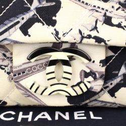 Pre Owned Chanel Black/White Quilted Airplane Printed Canvas Medium Flap Bag