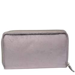 Chanel Metallic Silver Bow Embossed Crinkled Leather Zip Around Wallet Organizer