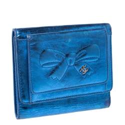 Chanel Metallic Blue Cracked Leather CC Bow Wallet