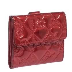 Chanel Red Embossed Quilted Patent Leather French Wallet