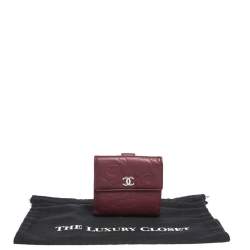 Chanel Dark Red Leather Camellia Embossed French Wallet