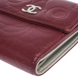 Chanel Dark Red Leather Camellia Embossed French Wallet