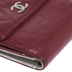 Chanel Dark Red Leather Camellia Embossed French Wallet