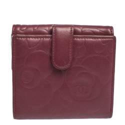 Chanel Dark Red Leather Camellia Embossed French Wallet