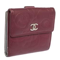 Chanel Dark Red Leather Camellia Embossed French Wallet