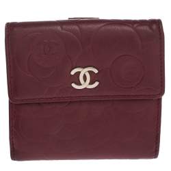 Chanel Dark Red Leather Camellia Embossed French Wallet