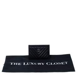 Pre Owned Chanel Black Chevron Leather Card Holder