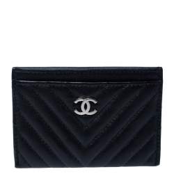 Pre Owned Chanel Black Chevron Leather Card Holder