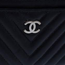 Pre Owned Chanel Black Chevron Leather Card Holder