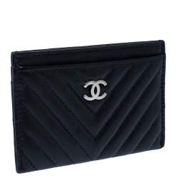Pre Owned Chanel Black Chevron Leather Card Holder