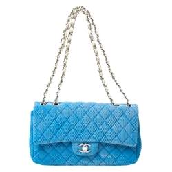 مملوكة مسبقًا Chanel Blue/White Quilted Perforated Jersey Medium Classic Single Flap Bag         