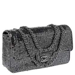 Pre Owned حقيبة شانيل قلاب مزدوج شانيل كلاسيكية سلسلة بيجو متوسطة جلد مبطنة سوداء