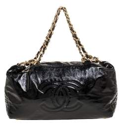 Pre Owned Chanel Black Patent Leather CC Chain Hobo Bag