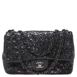 Chanel Classic Flap Sequin Chain Shoulder Bag Black/White